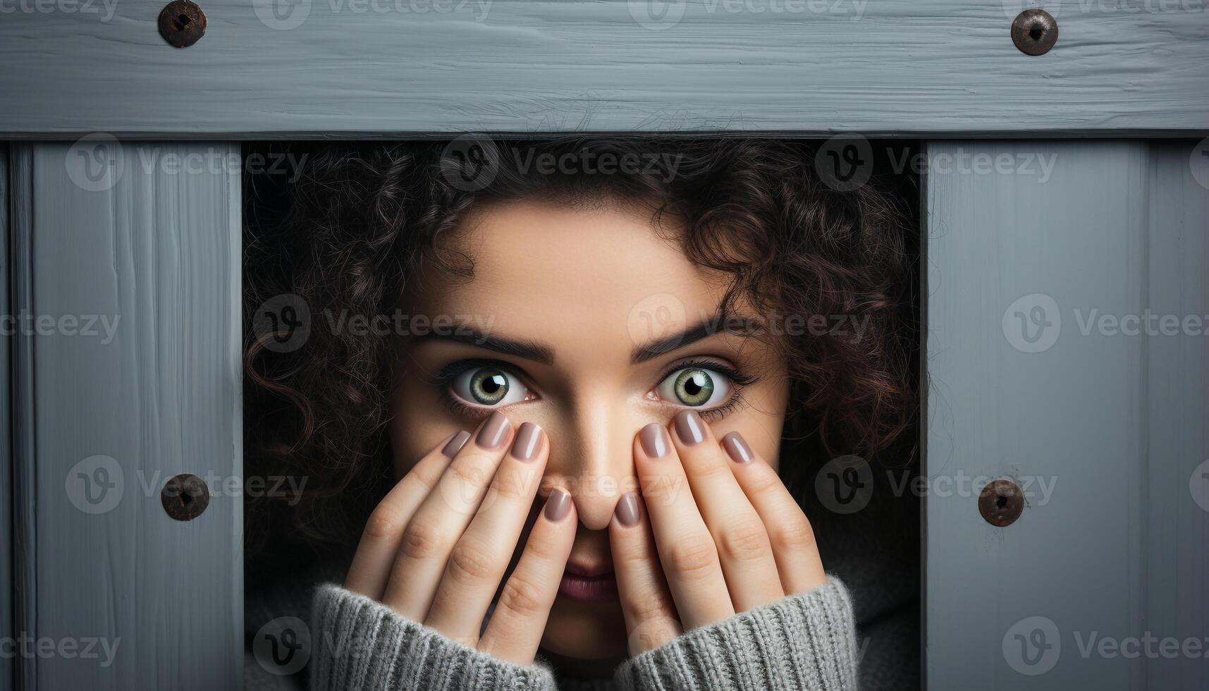 ai gerado jovem mulher com Castanho cabelo olhando às Câmera, sorridente e triste gerado de ai foto