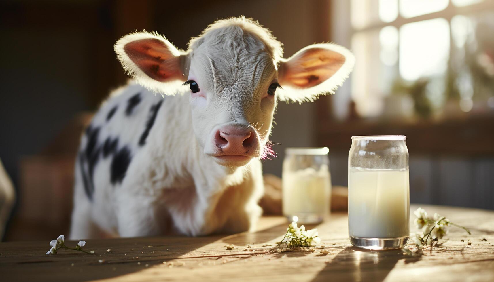 ai gerado fofa vaca em uma verde Prado, desfrutando fresco leite gerado de ai foto