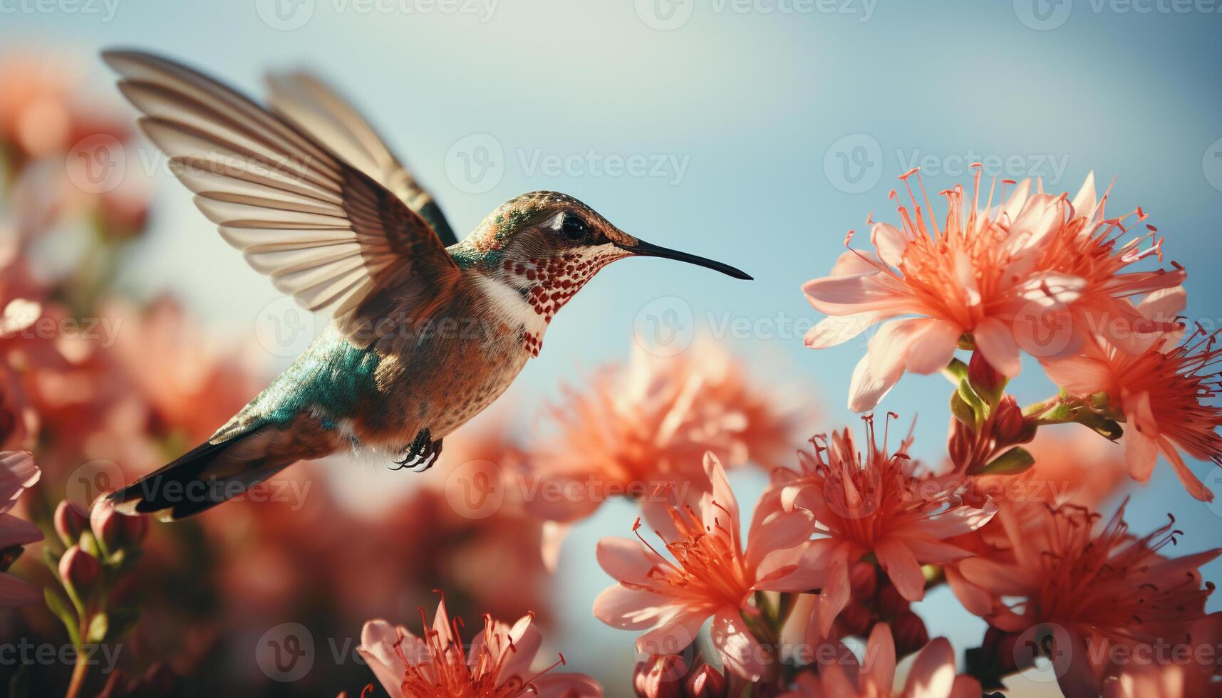 ai gerado beija Flor pairando, espalhando asas polinizando vibrante flores dentro natureza gerado de ai foto