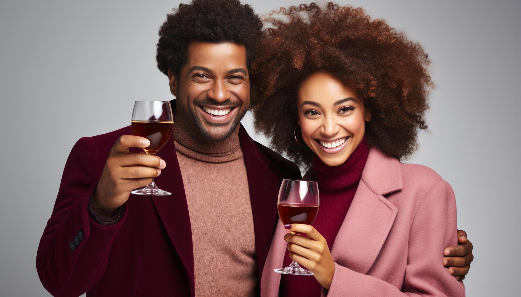 ai gerado dois sorridente adultos, desfrutando vinho, olhando às Câmera com amor gerado de ai foto