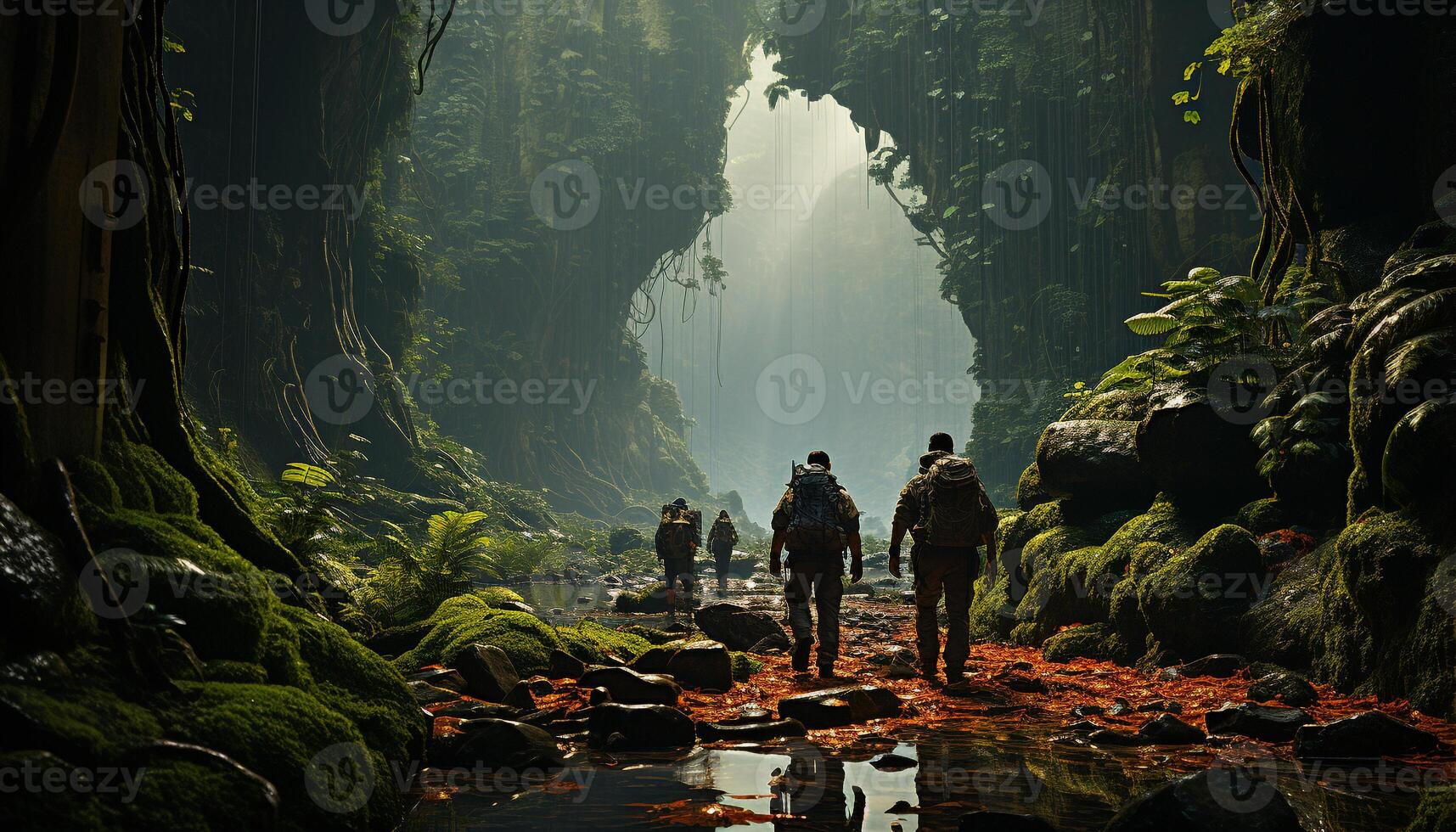 ai gerado homens e mulheres caminhada através uma nebuloso floresta, explorando natureza gerado de ai foto