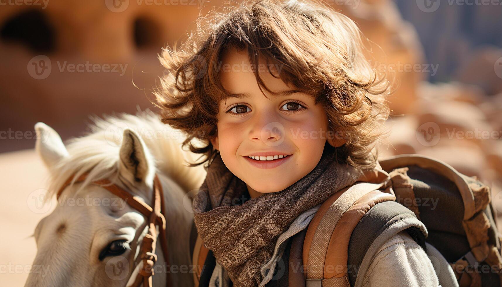ai gerado sorridente criança, natureza beleza, cavalo, felicidade, despreocupado, alegre aventura gerado de ai foto