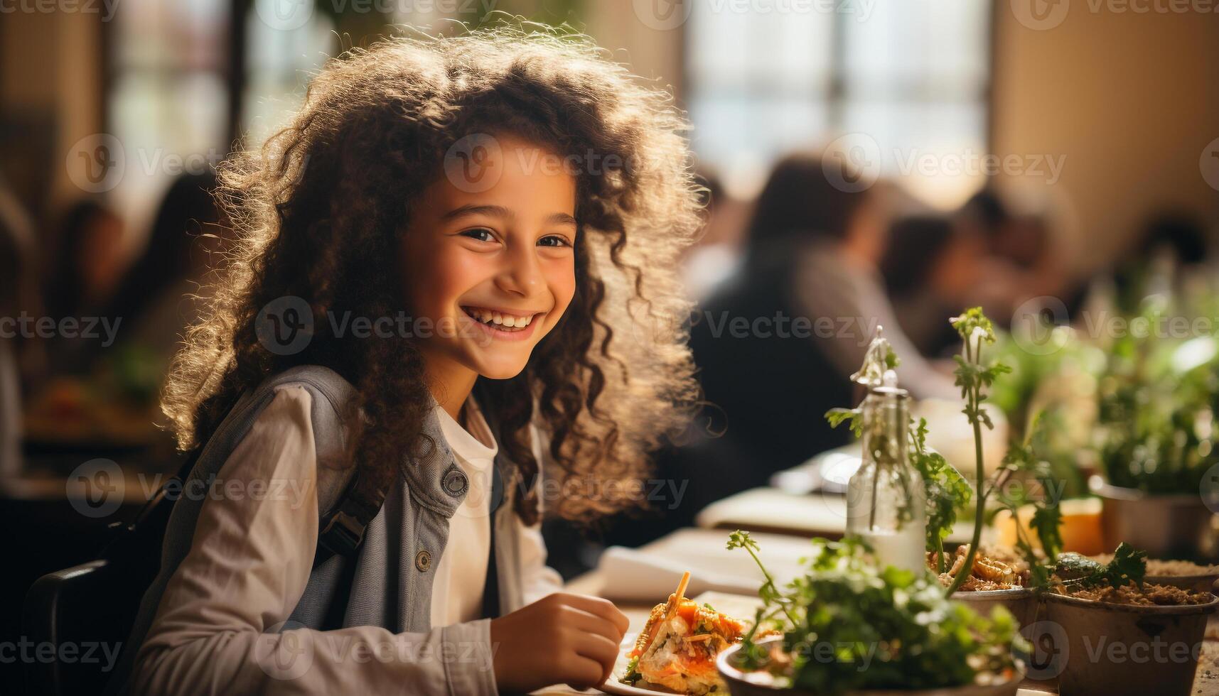 ai gerado sorridente fêmeas sentado dentro de casa, olhando às Câmera, desfrutando refeição gerado de ai foto