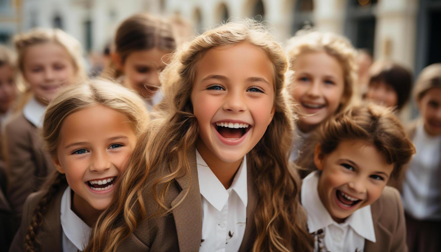 ai gerado grupo do alegre crianças jogando ao ar livre, sorridente e olhando às Câmera gerado de ai foto