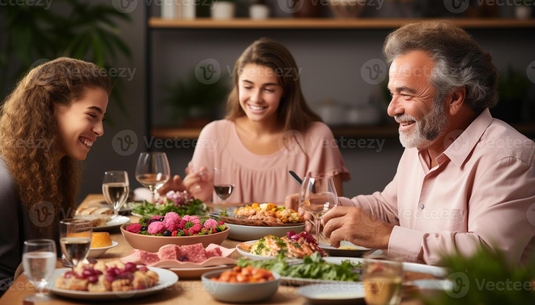 ai gerado sorridente mulheres desfrutando comida, vinho, e união às casa gerado de ai foto