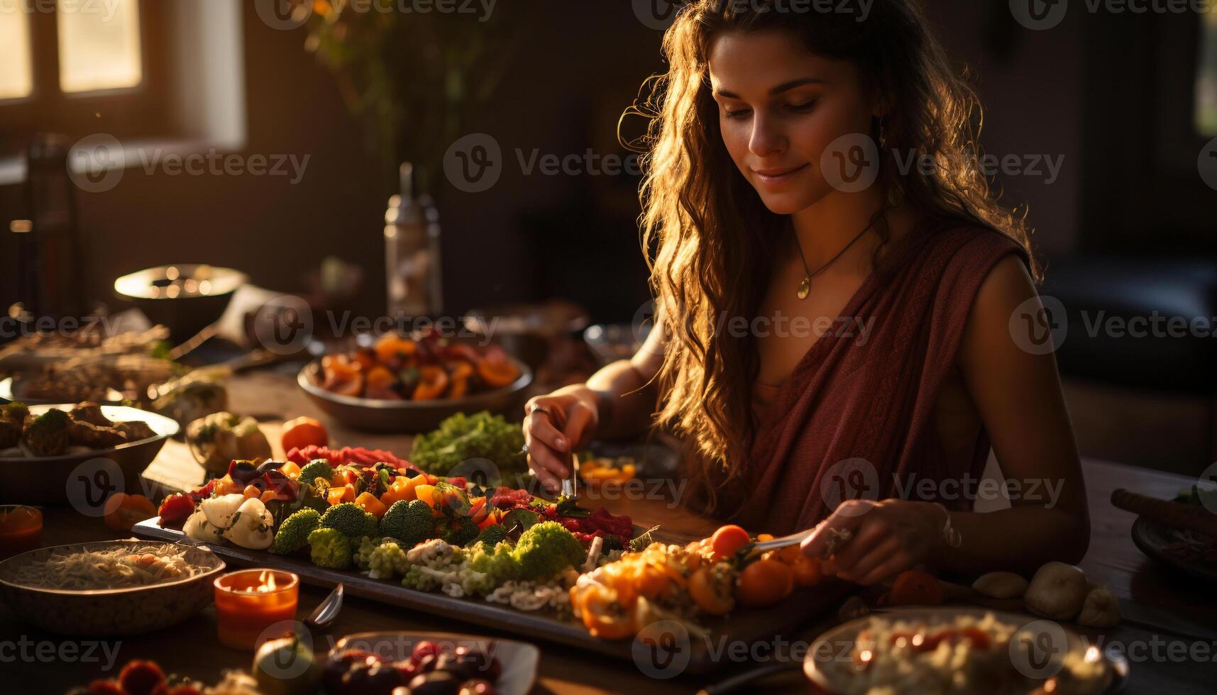 ai gerado jovem mulheres desfrutando uma saudável refeição, sorridente dentro doméstico cozinha gerado de ai foto