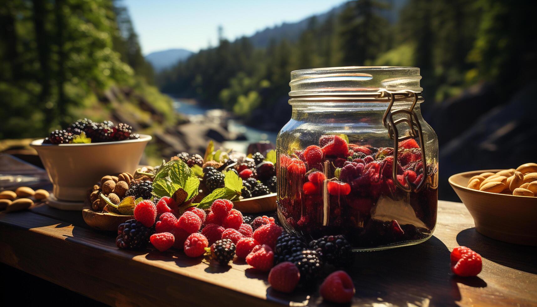 ai gerado fresco baga fruta em rústico madeira mesa dentro natureza gerado de ai foto