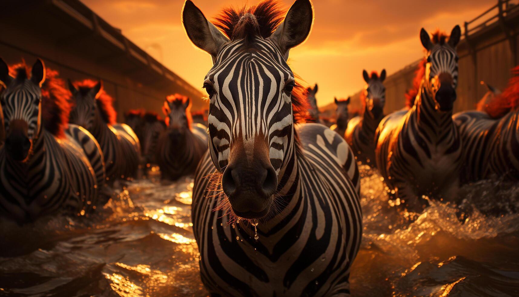 ai gerado zebra rebanho pastar em africano savana às pôr do sol gerado de ai foto