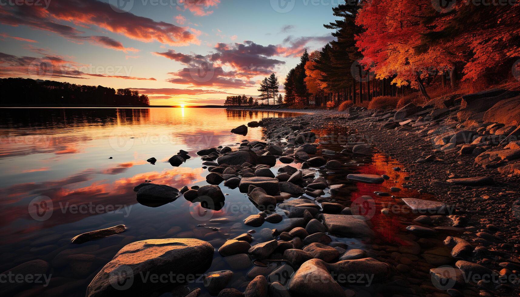 ai gerado tranquilo pôr do sol reflete em água, natureza beleza dentro outono gerado de ai foto