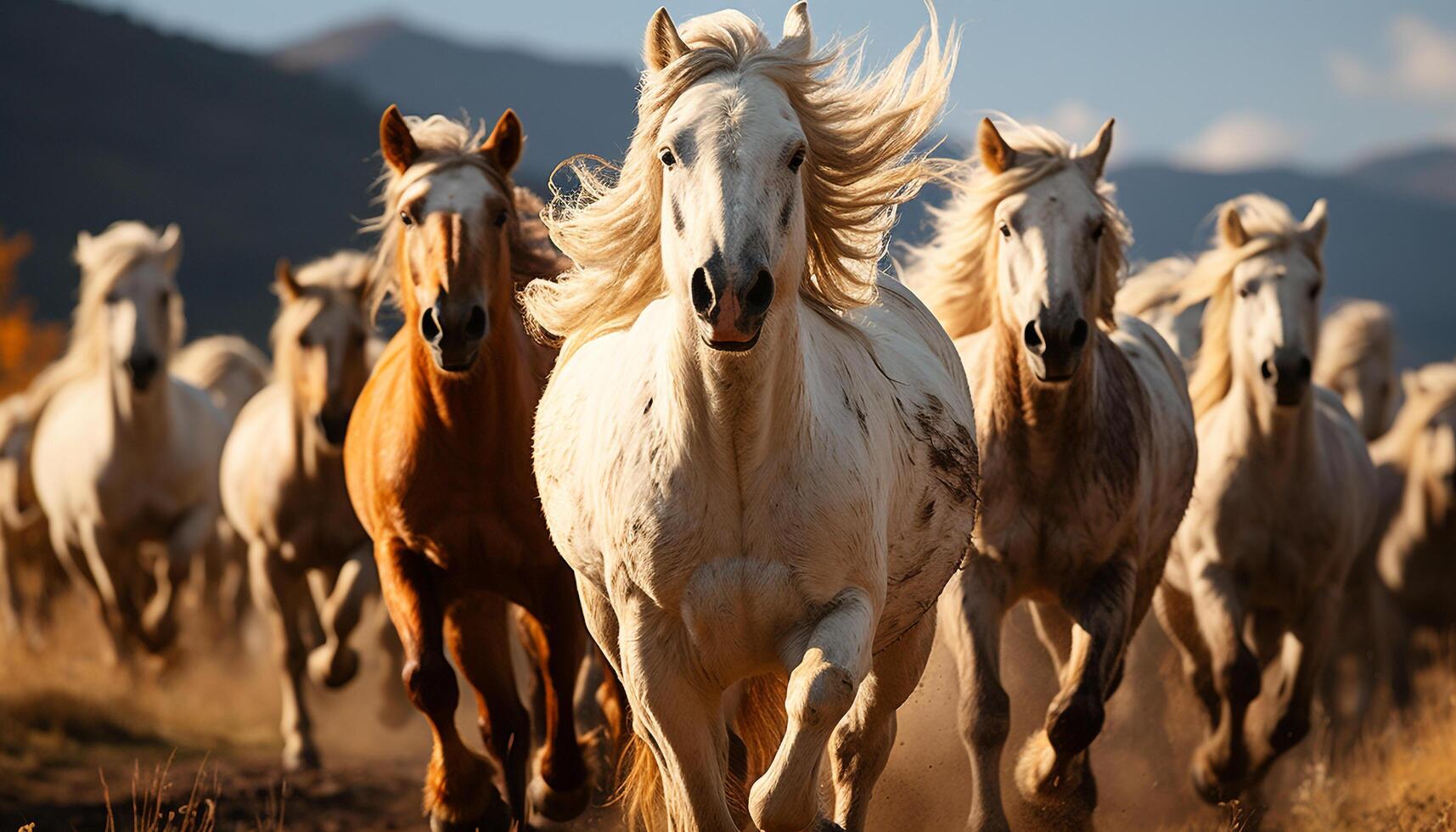 ai gerado cavalos corrida livre dentro Prado, desfrutando natureza beleza gerado de ai foto