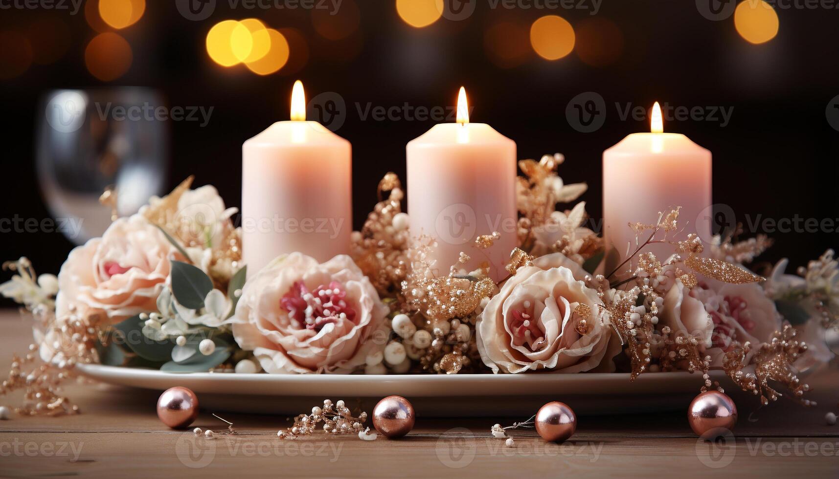 ai gerado romântico luz de velas ilumina elegante mesa, brilhando com amor e celebração gerado de ai foto