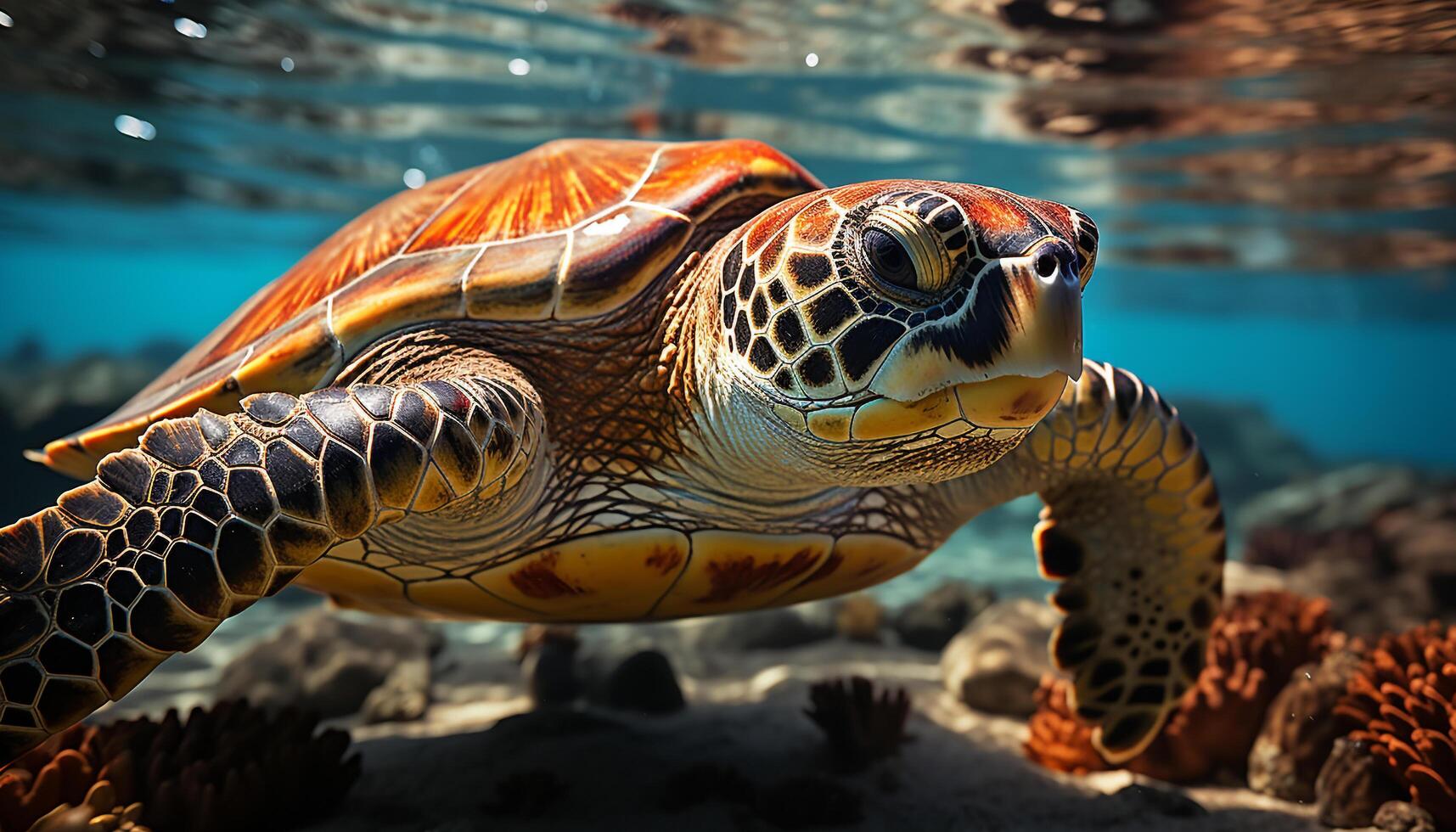 ai gerado uma lindo mar tartaruga natação dentro a tranquilo azul água gerado de ai foto