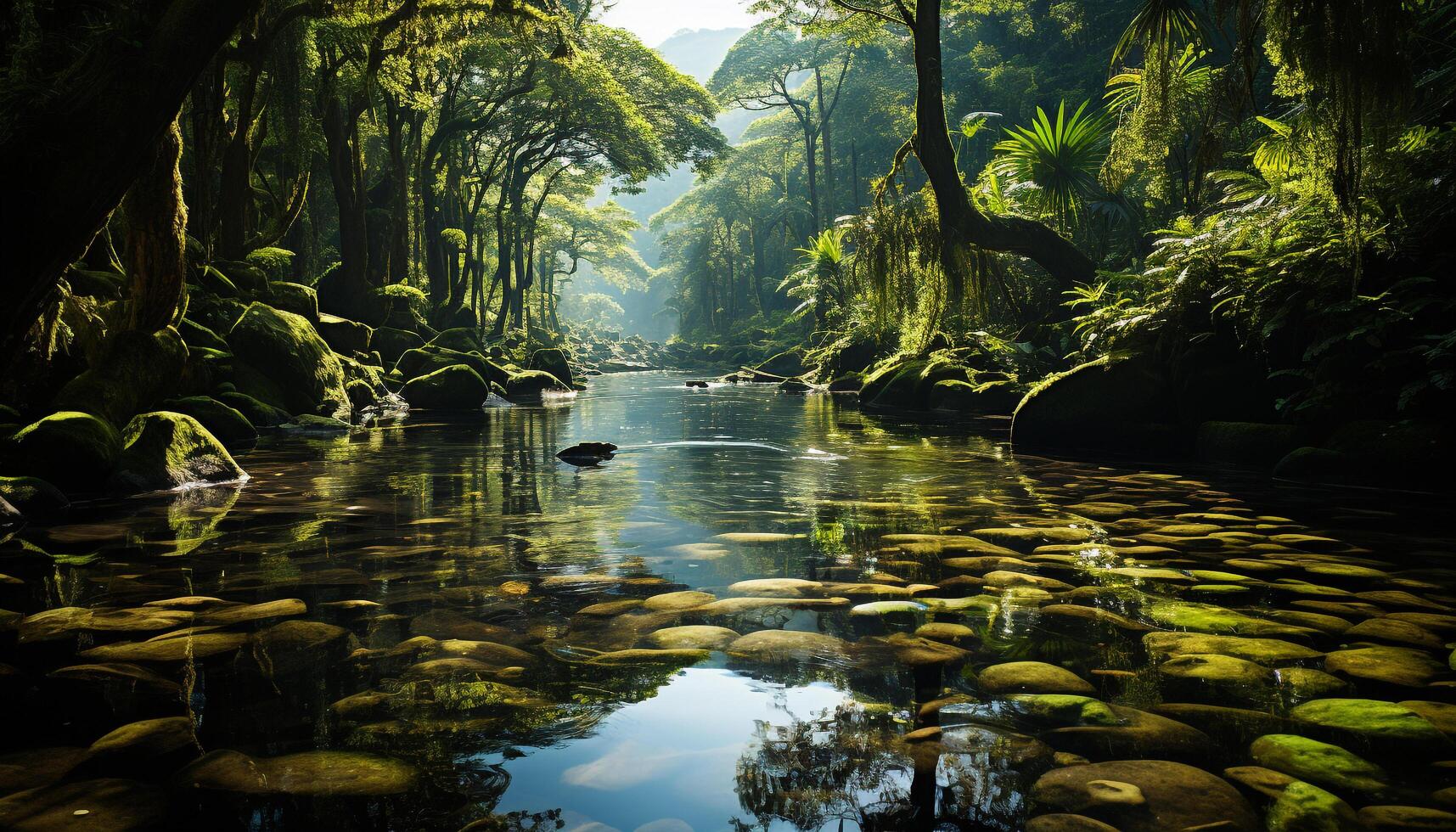 ai gerado tranquilo cena verde floresta, fluindo água, refletindo montanha natural beleza gerado de ai foto