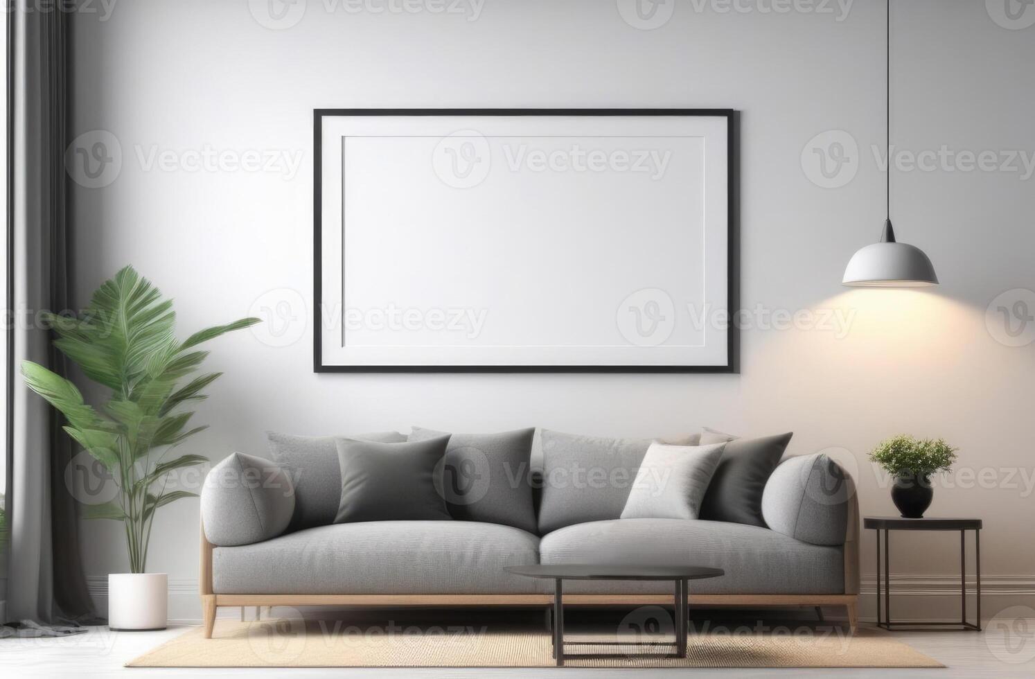 ai gerado moderno vivo quarto interior, esvaziar brincar cenário quadro, Armação em a parede, salão área com sofá e café mesa, interior plantas, minimalista interior, cinzento tons foto