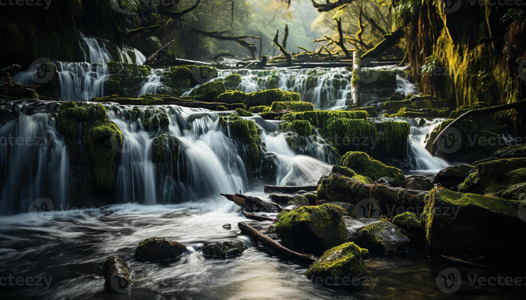 ai gerado tranquilo cena fluindo água, verde árvores, suave pedra, natural beleza gerado de ai foto