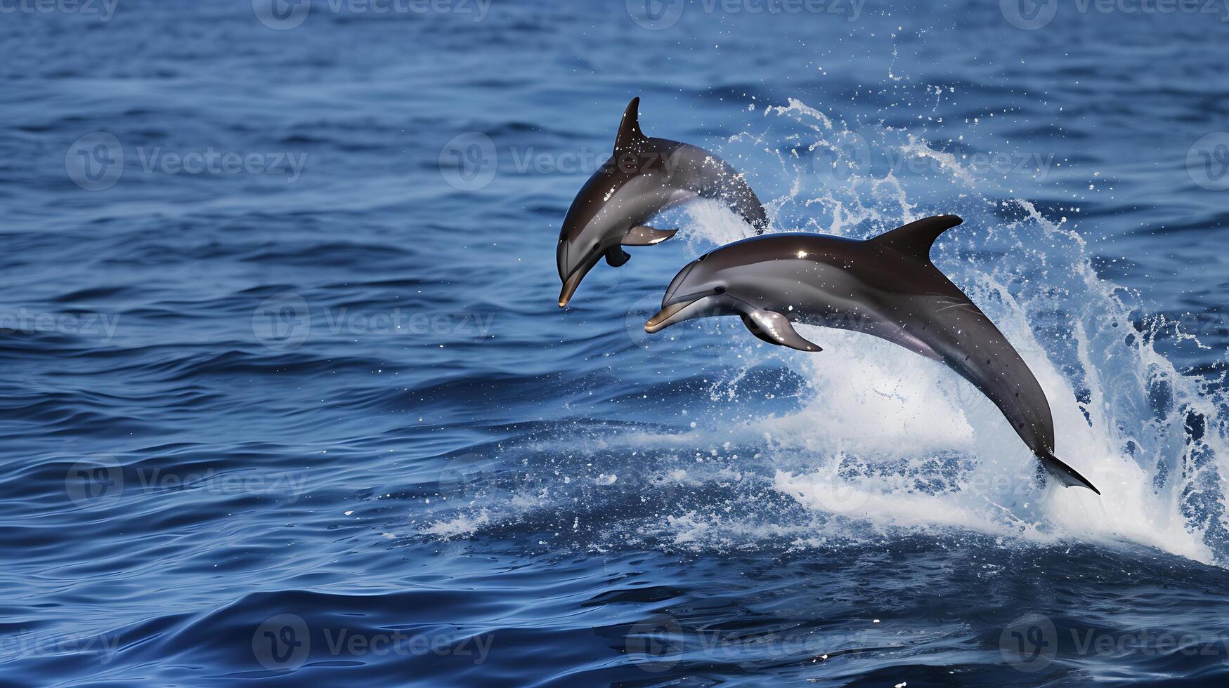 ai gerado dois golfinhos saltando Fora do a oceano. generativo ai. foto