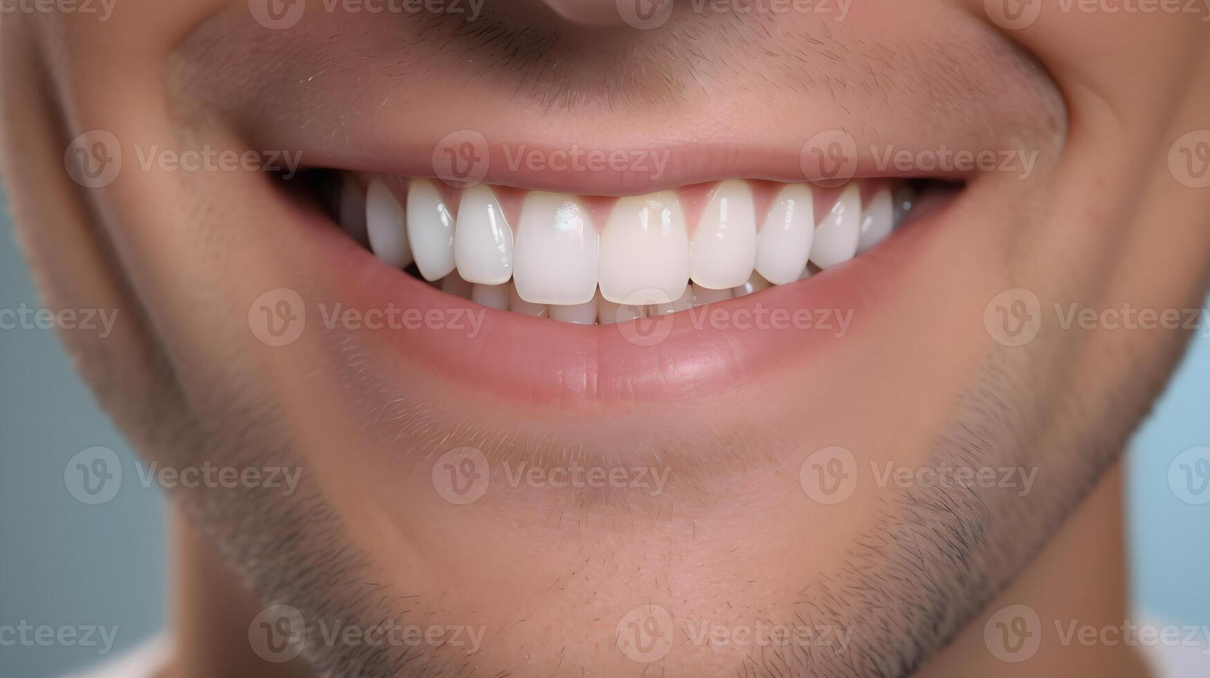 ai gerado fechar-se do uma sorridente jovem do homem dentes. odontologia conceito. foto