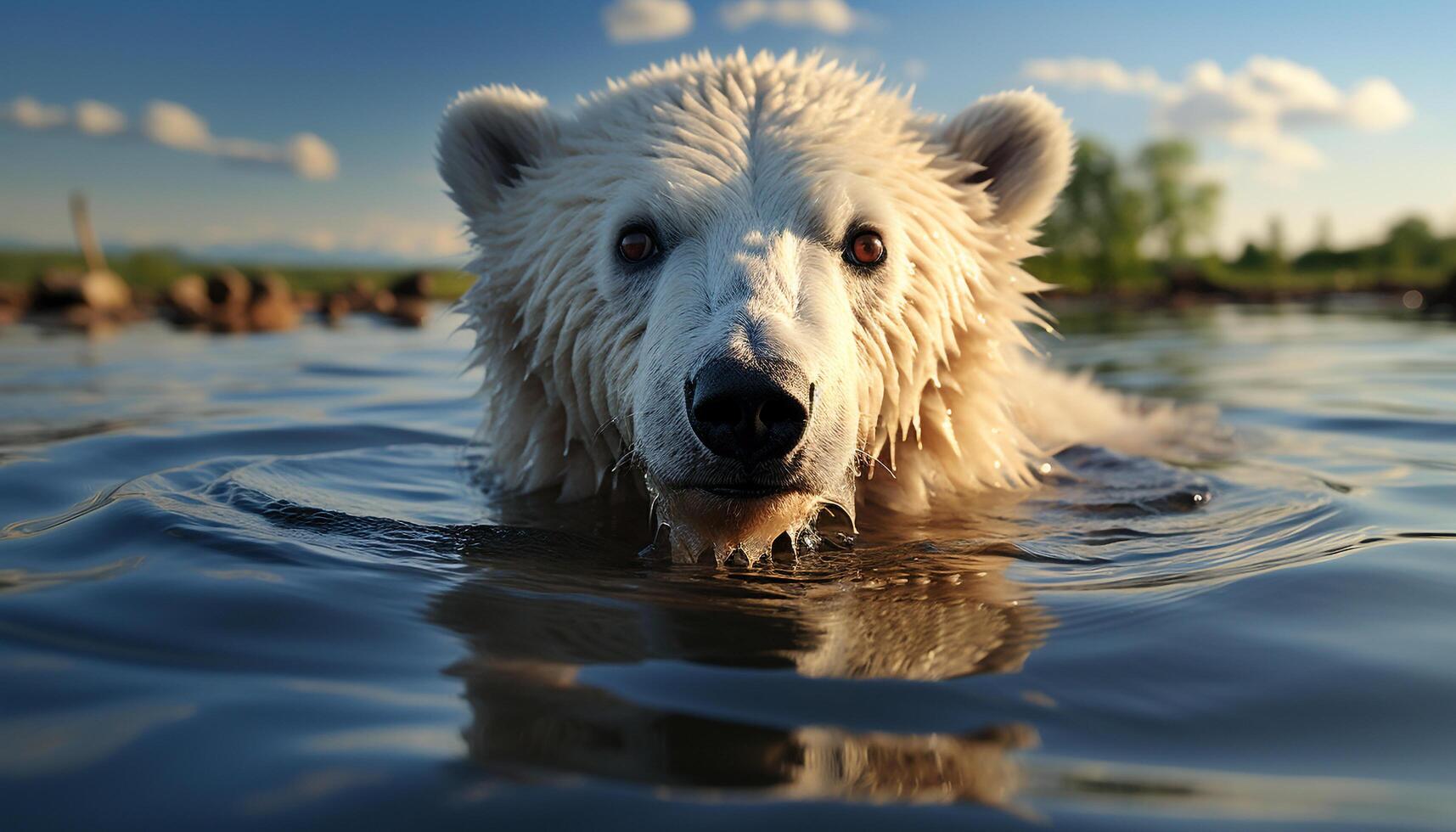 ai gerado fofa cachorro natação dentro tranquilo lago, refletindo ártico panorama gerado de ai foto