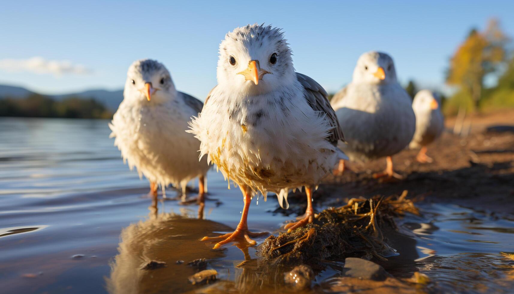 ai gerado fofa jovem patinho olhando às a azul lagoa dentro natureza gerado de ai foto