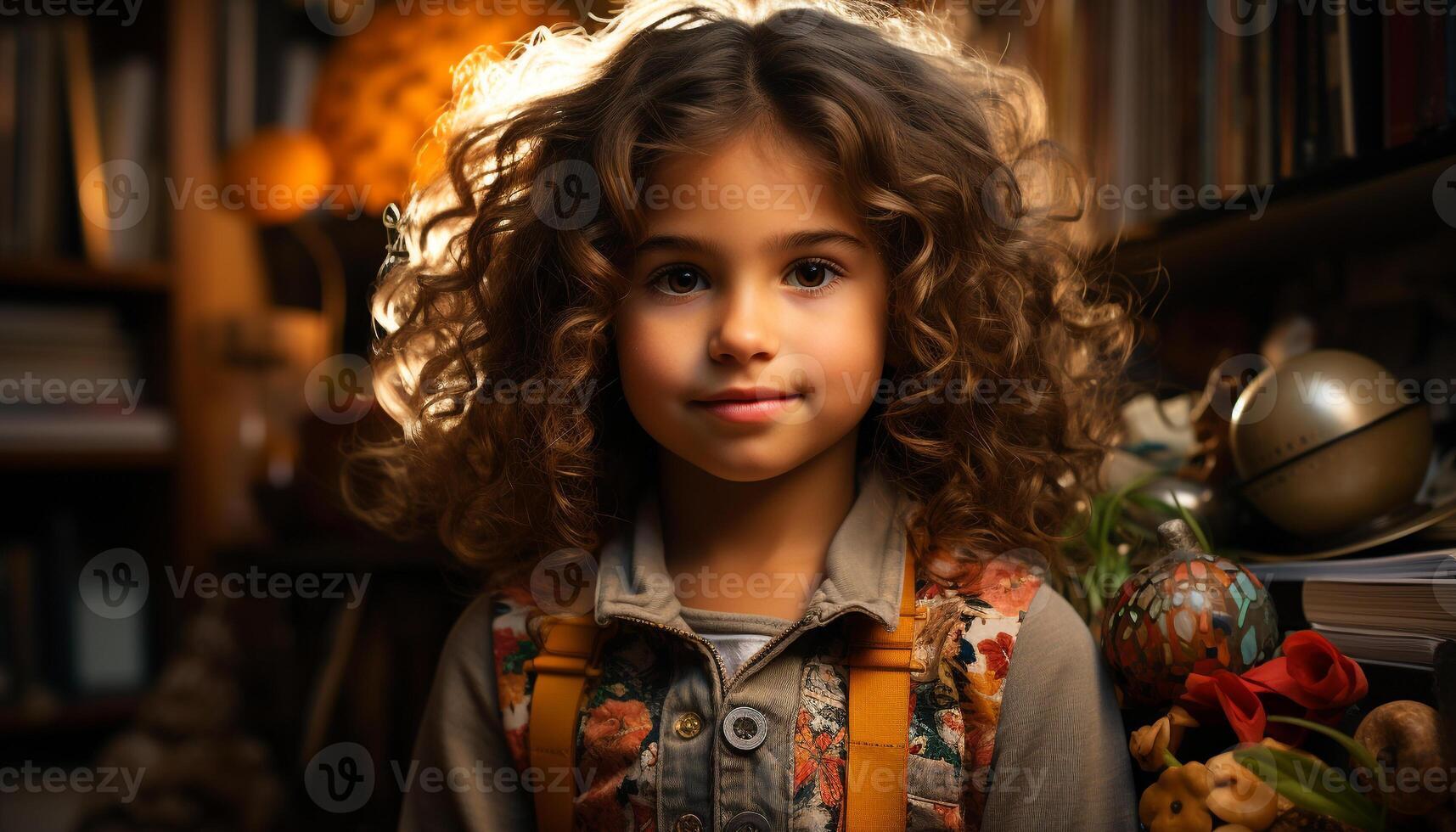 ai gerado 1 fofa menina sorridente, olhando às Câmera, desfrutando inverno dentro de casa gerado de ai foto