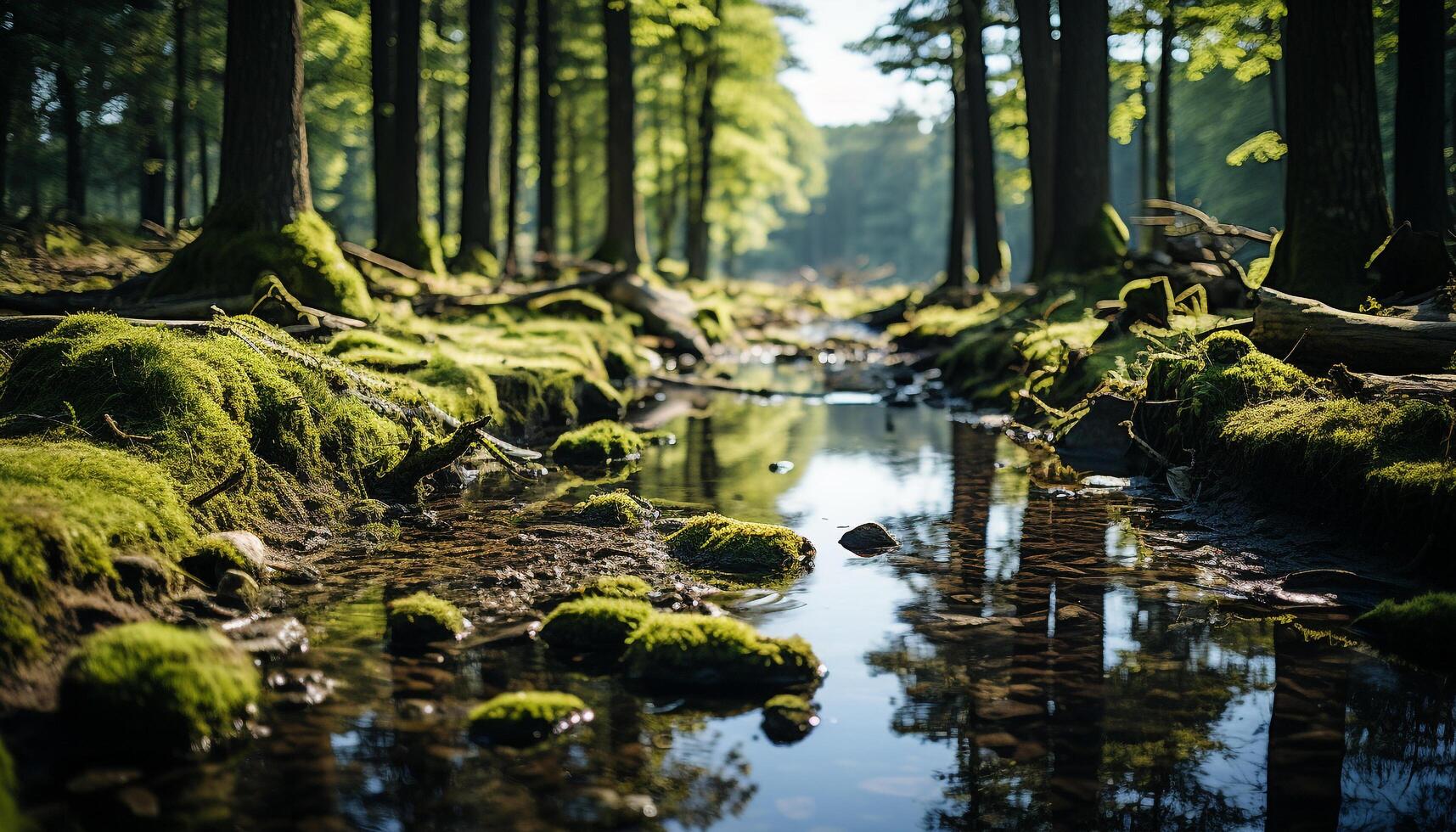 ai gerado tranquilo cena verde árvore reflete dentro calma lago, natureza beleza gerado de ai foto