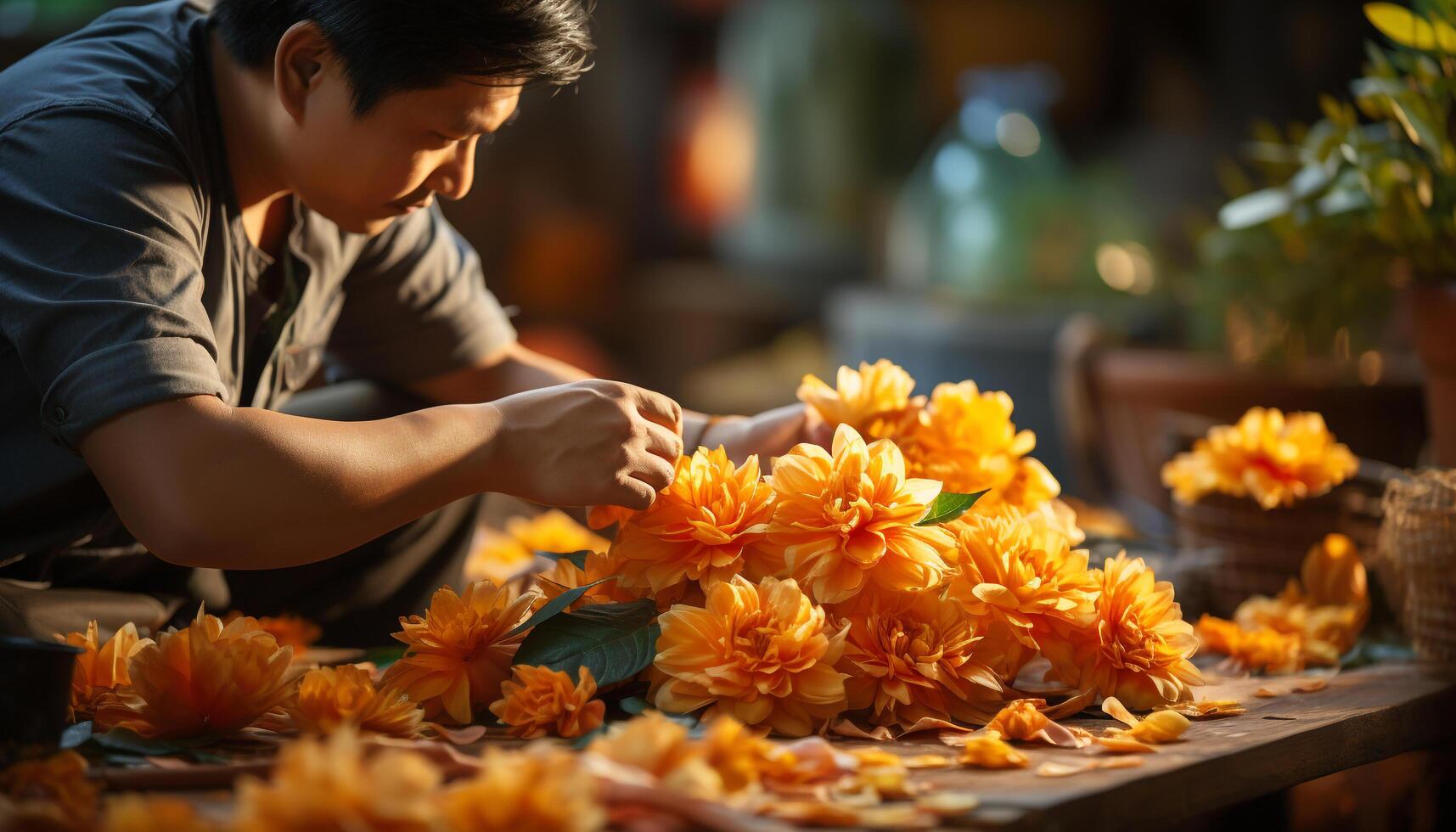 ai gerado uma homem sentado ao ar livre, sorridente, segurando uma amarelo flor Panela gerado de ai foto