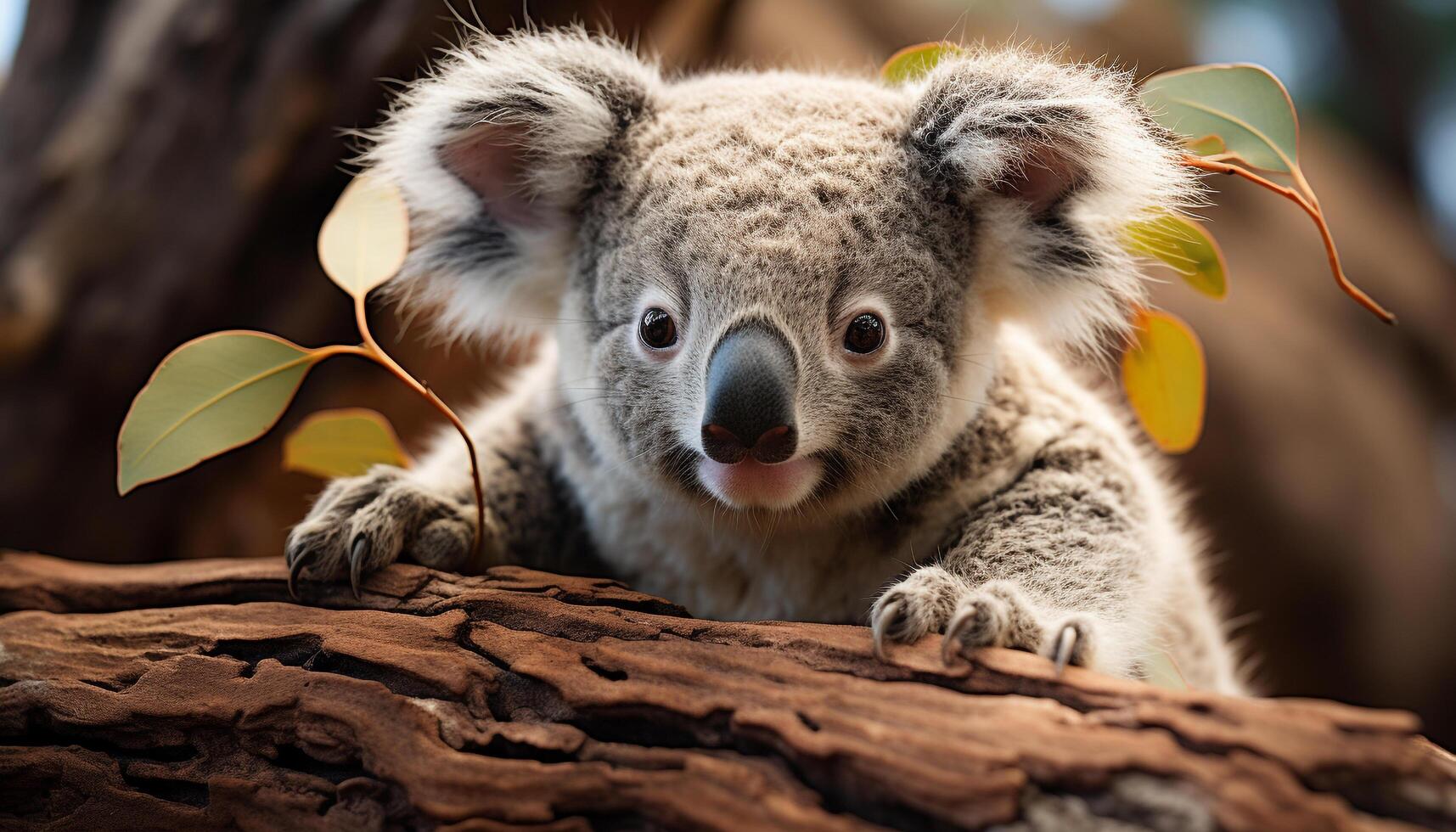 ai gerado fofa coala sentado em eucalipto árvore, olhando às Câmera gerado de ai foto