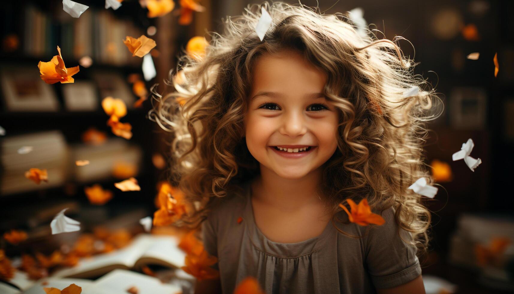 ai gerado sorridente fofa garota, alegre celebração, Natal luzes, brincalhão criança gerado de ai foto