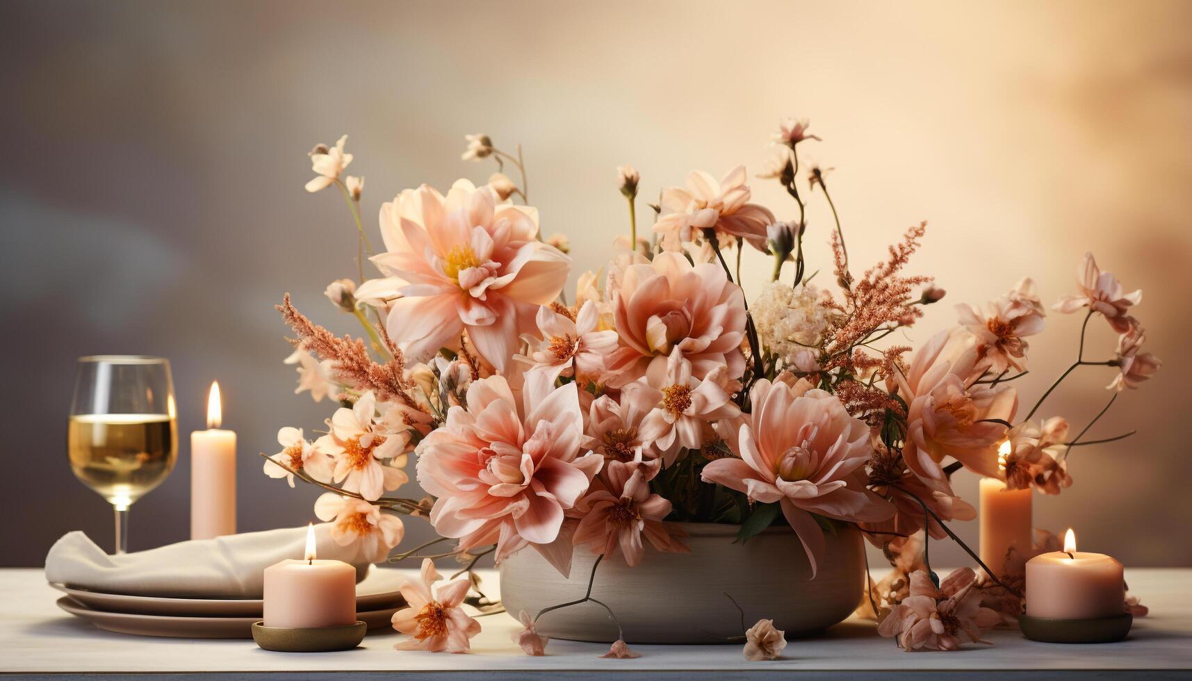 ai gerado mesa decoração vela, flor, folha, madeira, vaso, fundo, plantar, romance, elegância gerado de ai foto