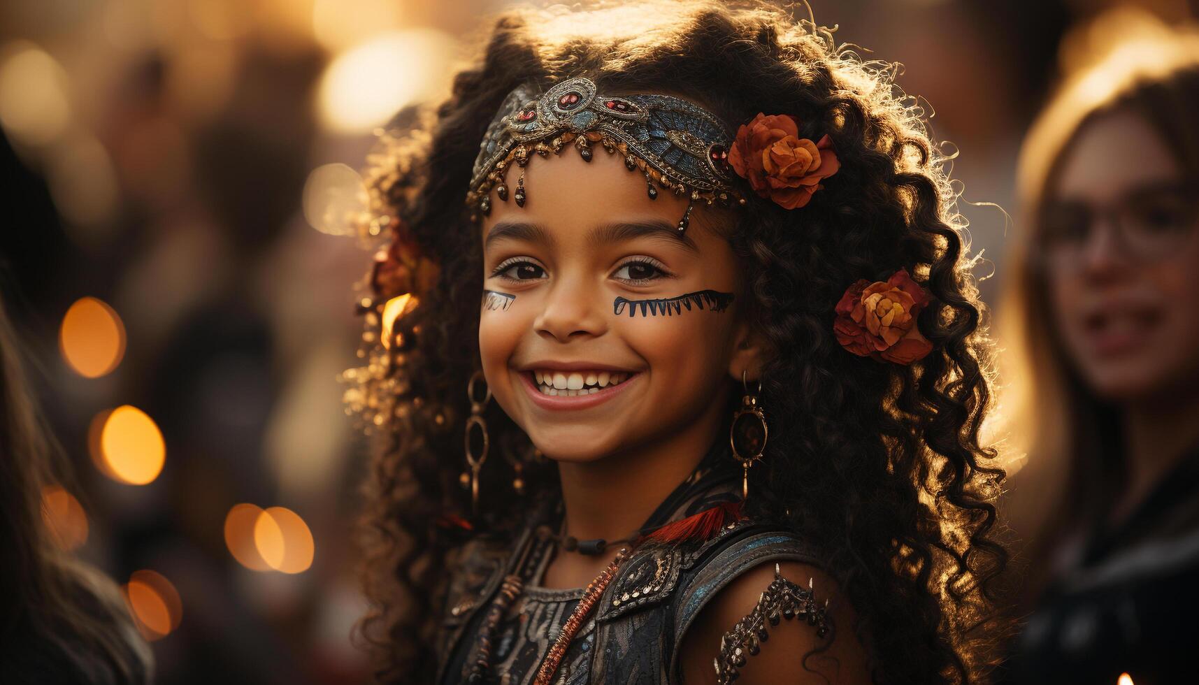 ai gerado africano menina sorridente, a comemorar, desfrutando tradicional festival com amigos gerado de ai foto