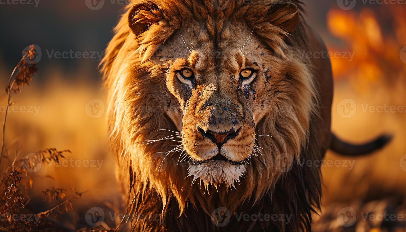 ai gerado majestoso leão caminhando dentro a região selvagem, Perigo esconde dentro crepúsculo gerado de ai foto