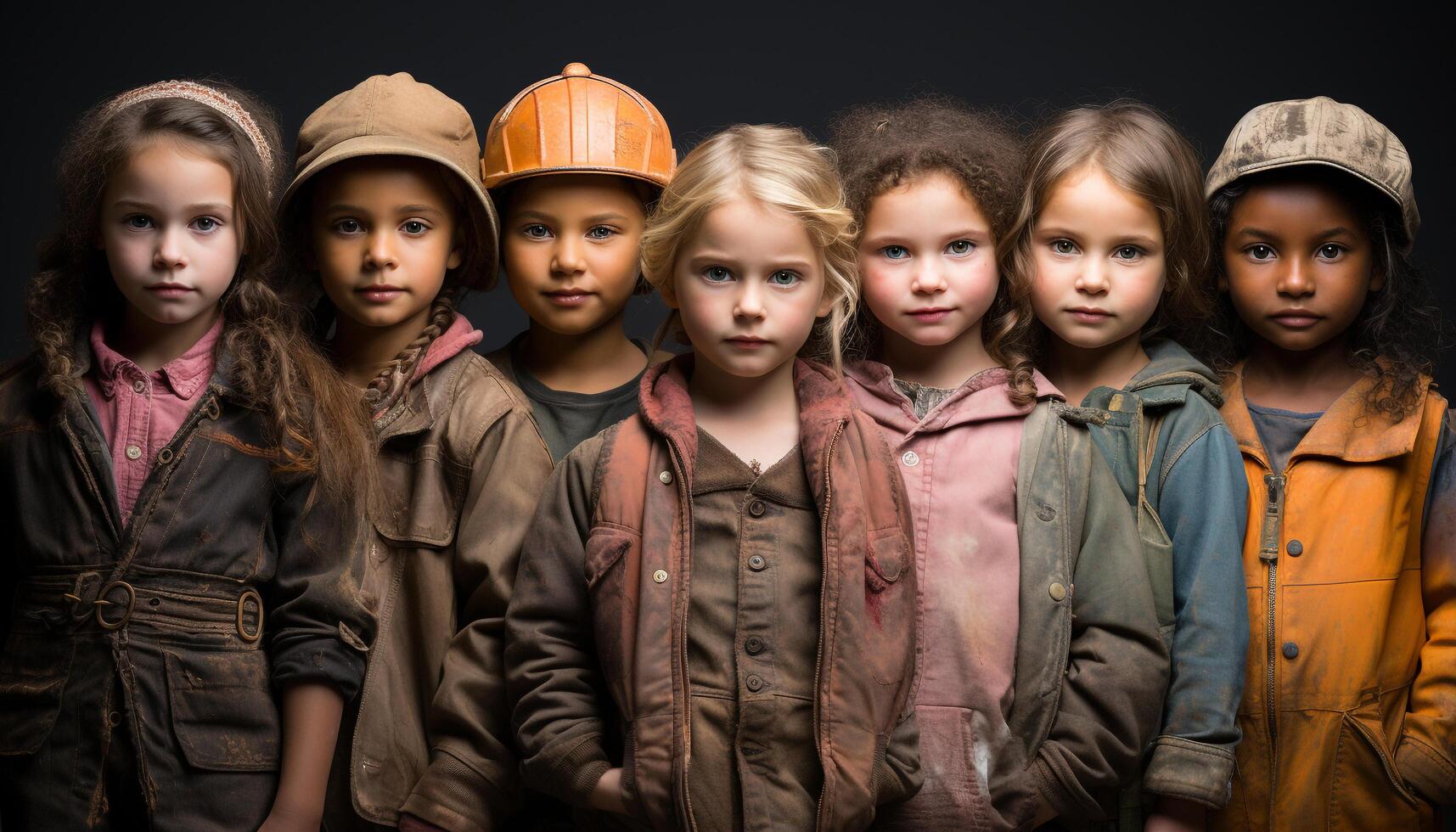 ai gerado grupo do crianças, diverso e feliz, posando para uma retrato gerado de ai foto