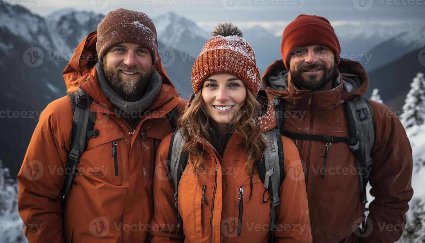 ai gerado jovem adultos caminhada dentro inverno, sorridente, desfrutando natureza aventura gerado de ai foto