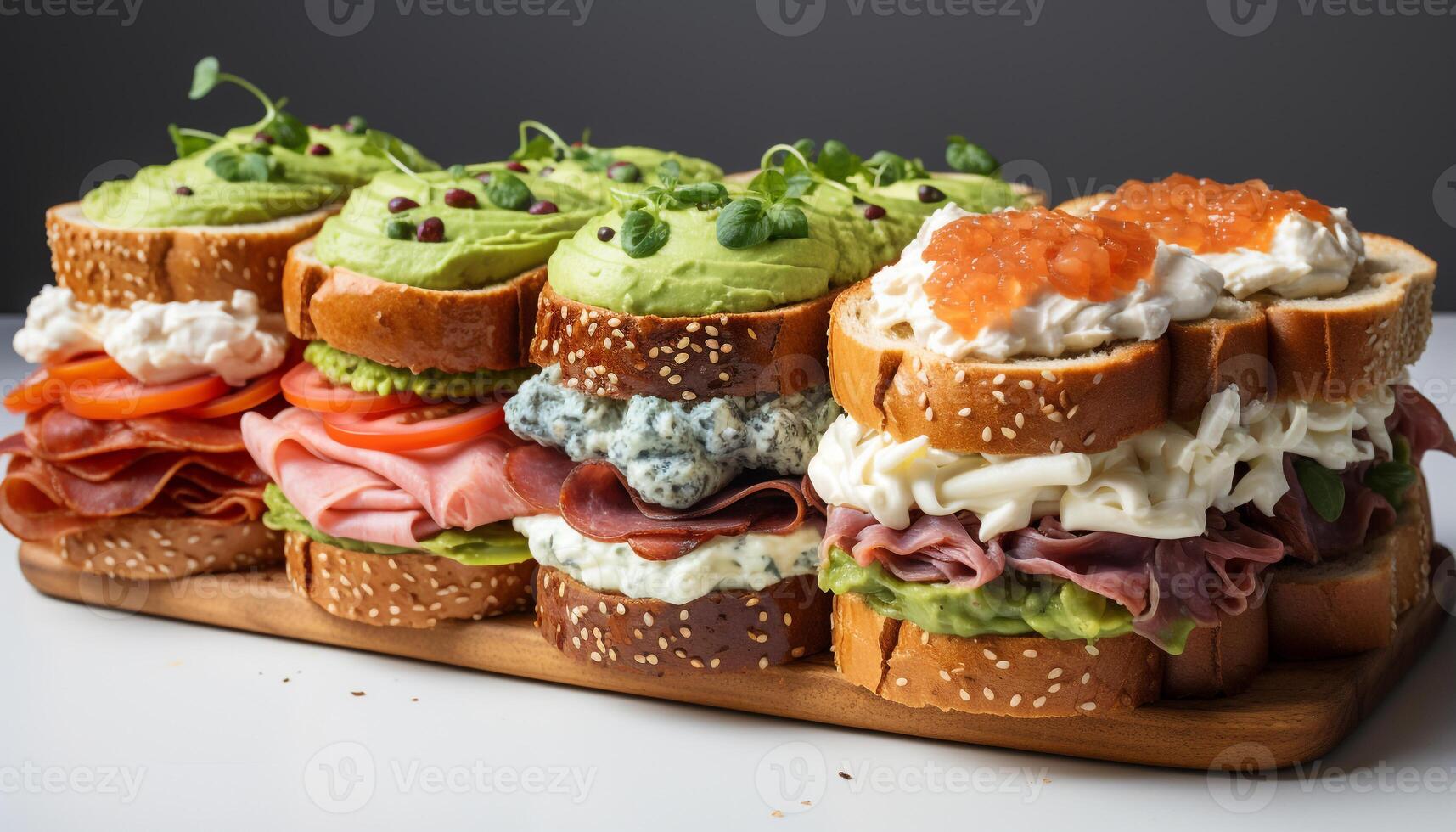 ai gerado uma fresco, caseiro gourmet sanduíche em uma rústico ciabatta pão gerado de ai foto