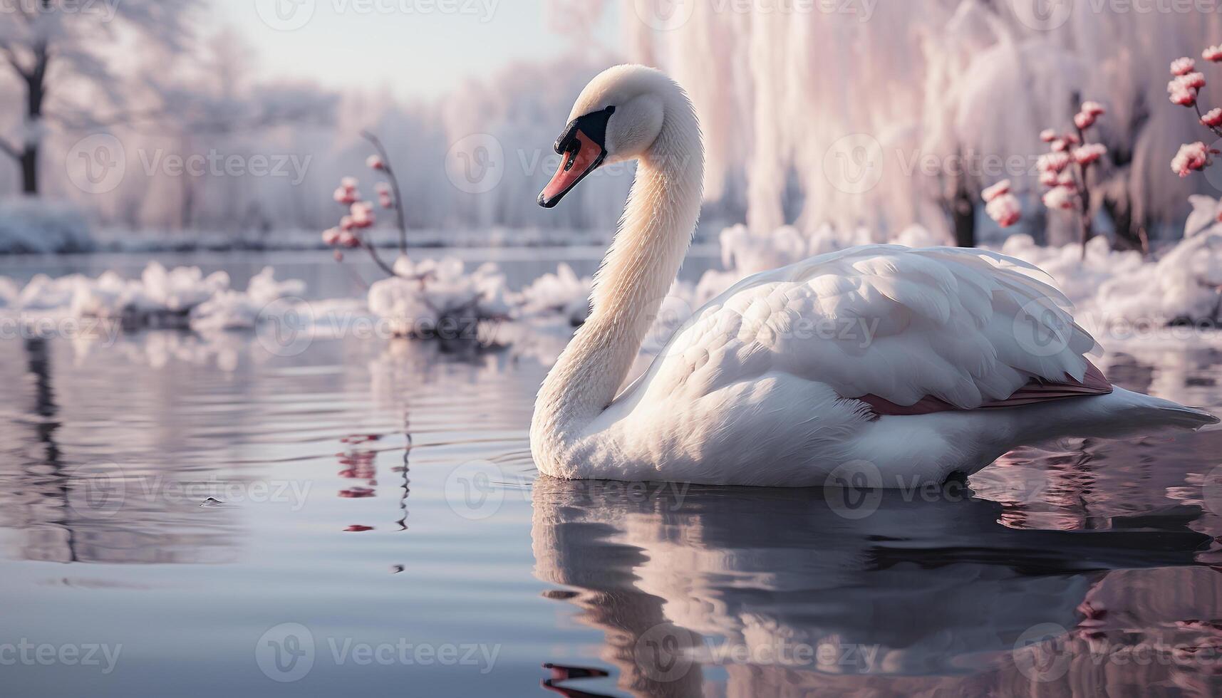 ai gerado mudo cisne desliza graciosamente em tranquilo lago, refletindo elegância gerado de ai foto