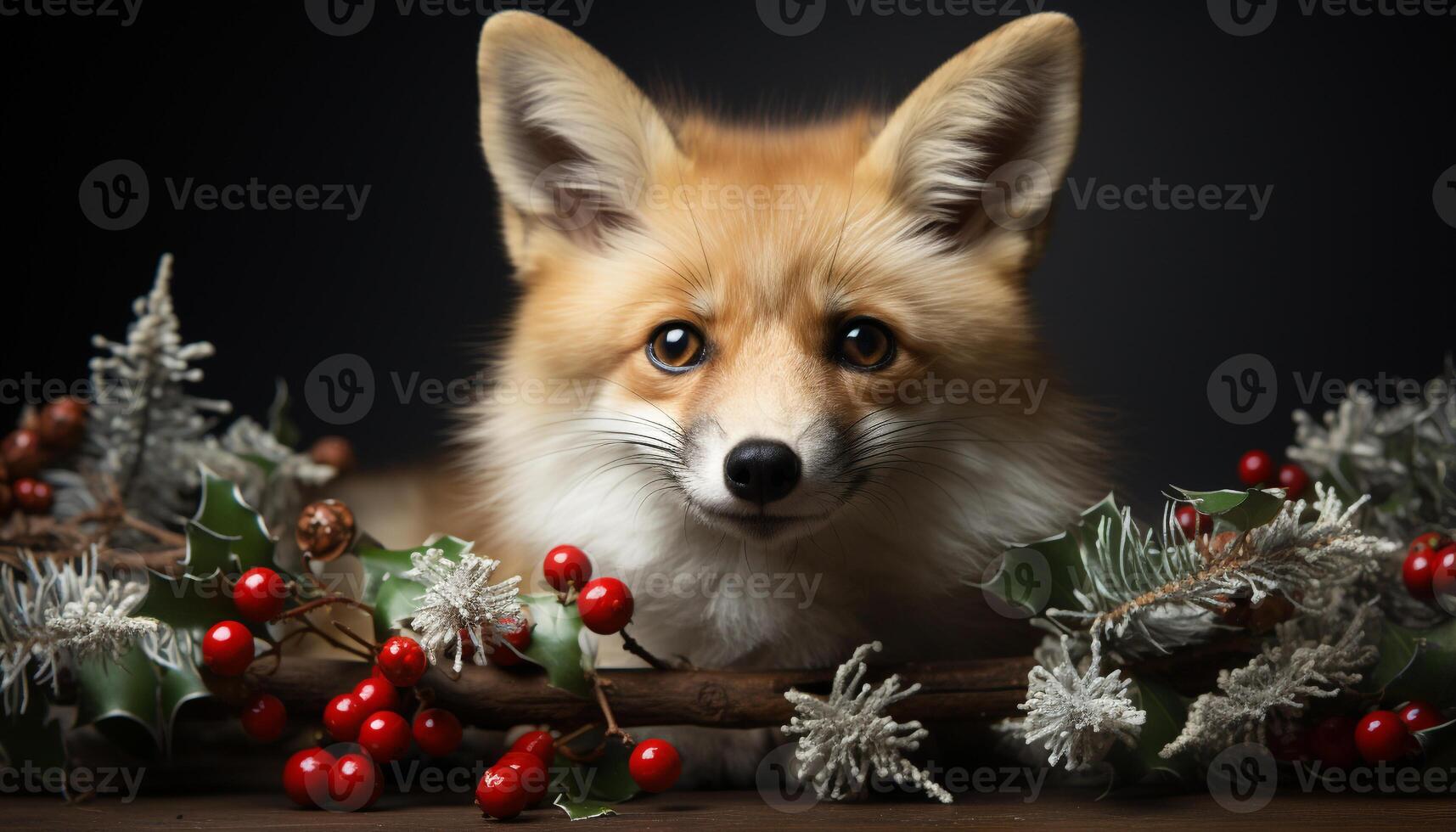 ai gerado fofa cachorro sentado, olhando às Câmera, com Natal árvore presente gerado de ai foto