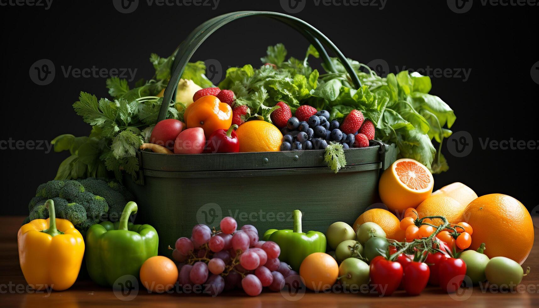 ai gerado fresco, saudável frutas e legumes dentro uma vibrante vime cesta gerado de ai foto