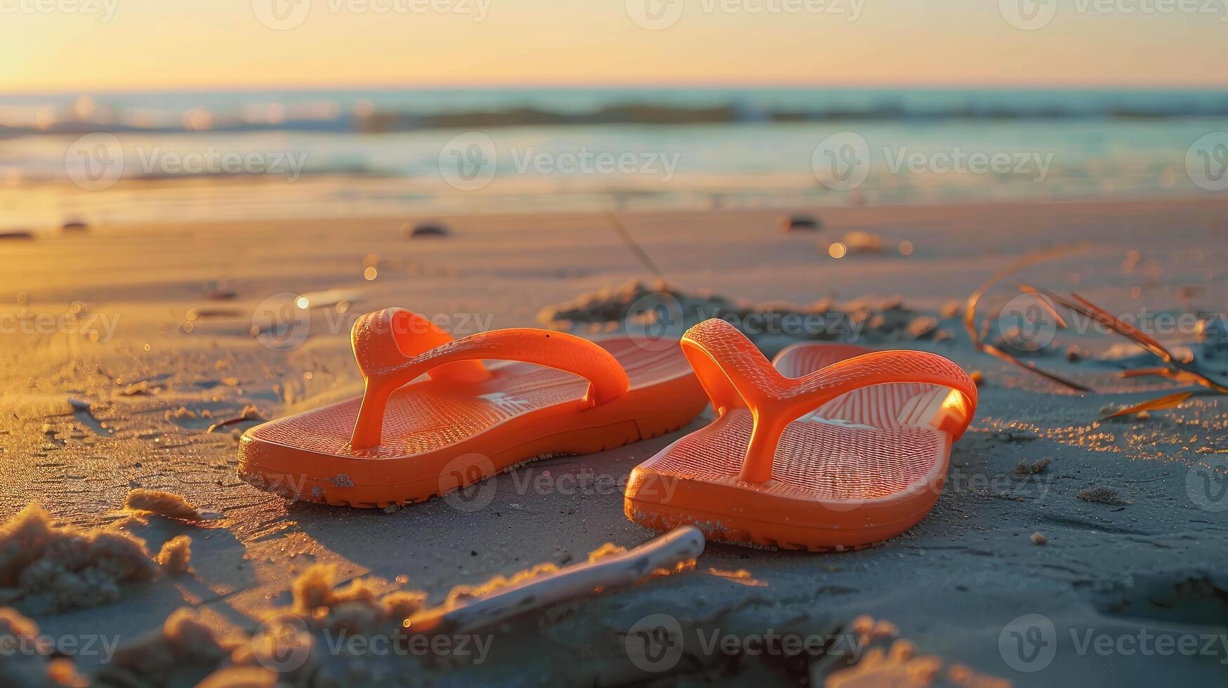 ai gerado vibrante laranja sandálias de dedo descansar em Beijado pelo sol, ensolarado areias, ai gerado. foto