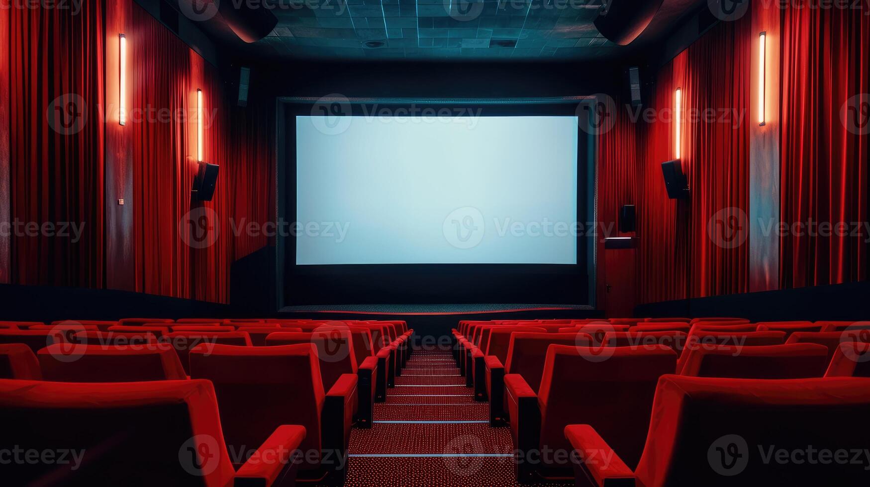 ai gerado a esvaziar cinema corredor características uma impressionante vermelho cor esquema e uma branco em branco tela, ai gerado. foto