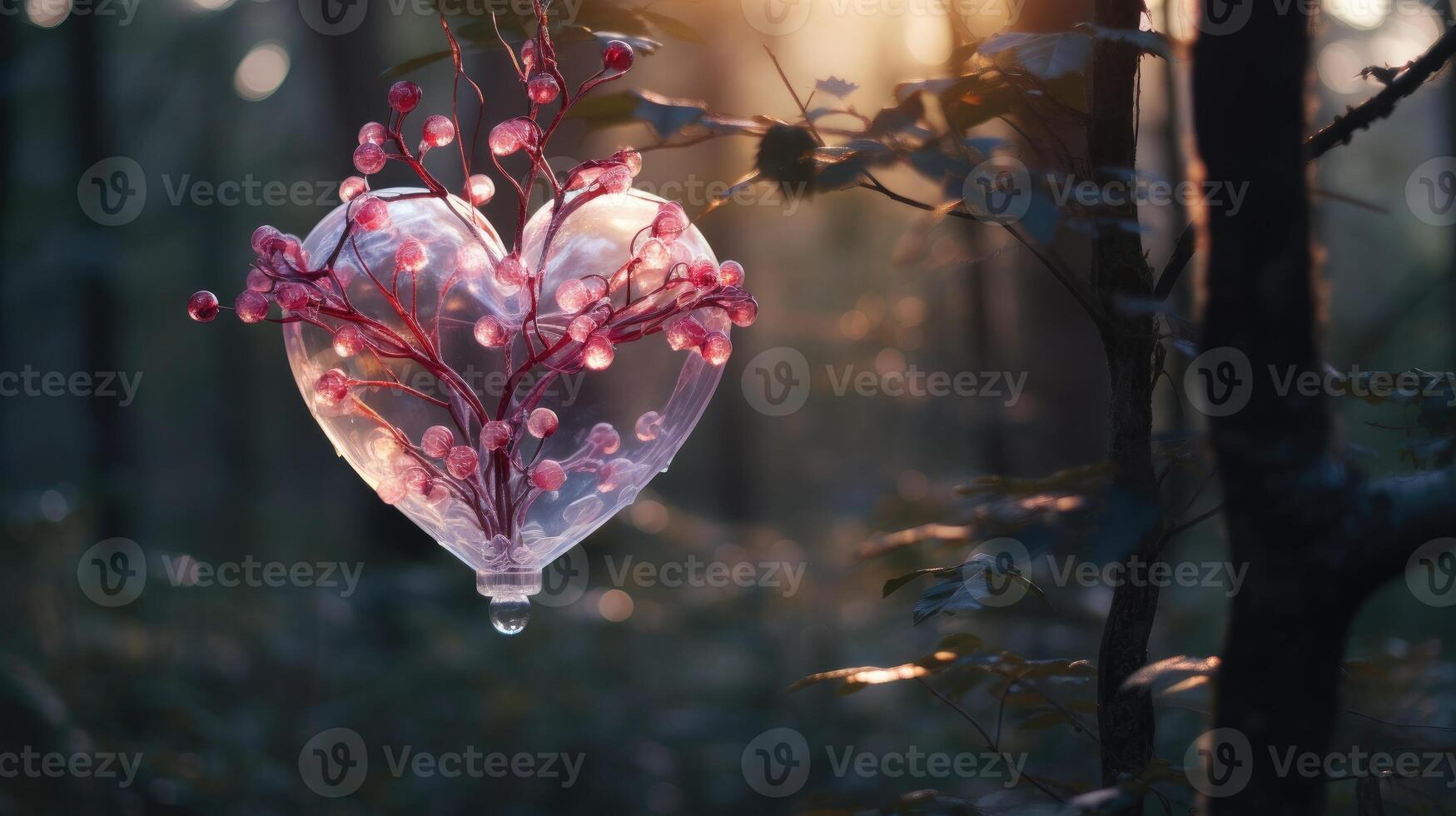 ai gerado uma transparente coração preenchidas com delicado Rosa bagas carrinhos Fora no meio a floresta vegetação. ai gerado foto