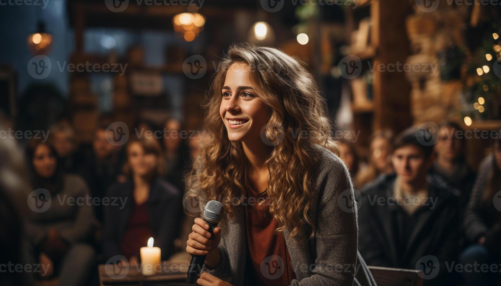 ai gerado jovem adultos desfrutando a vida noturna, sorridente e olhando às Câmera gerado de ai foto