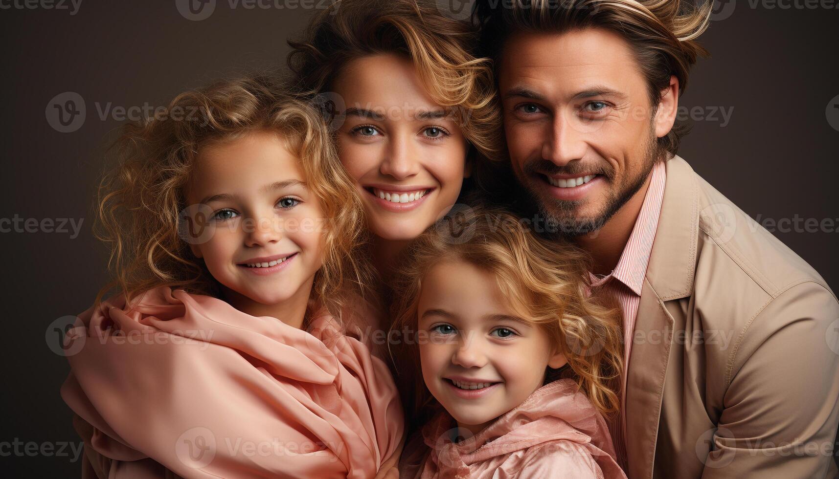 ai gerado sorridente família, alegre e feliz, abraçando amor, olhando às Câmera gerado de ai foto