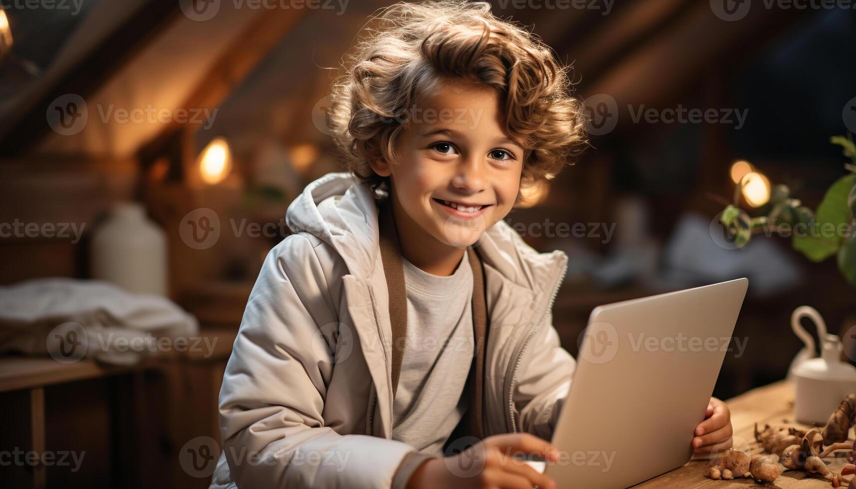 ai gerado uma fofa Garoto sorridente, olhando às Câmera, desfrutando tecnologia dentro de casa gerado de ai foto