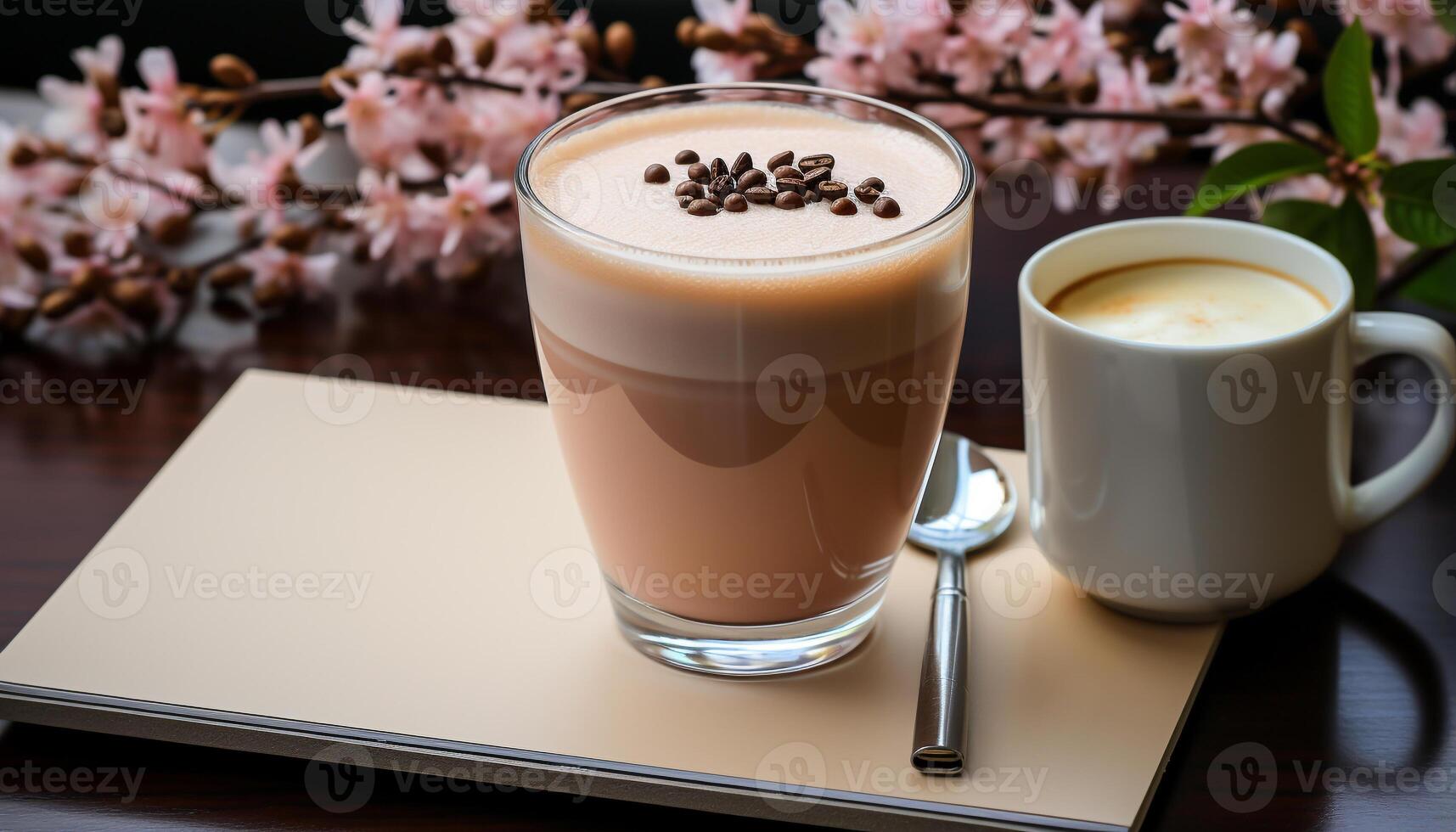 ai gerado café copo em mesa, fechar acima do espumoso cappuccino com chocolate gerado de ai foto