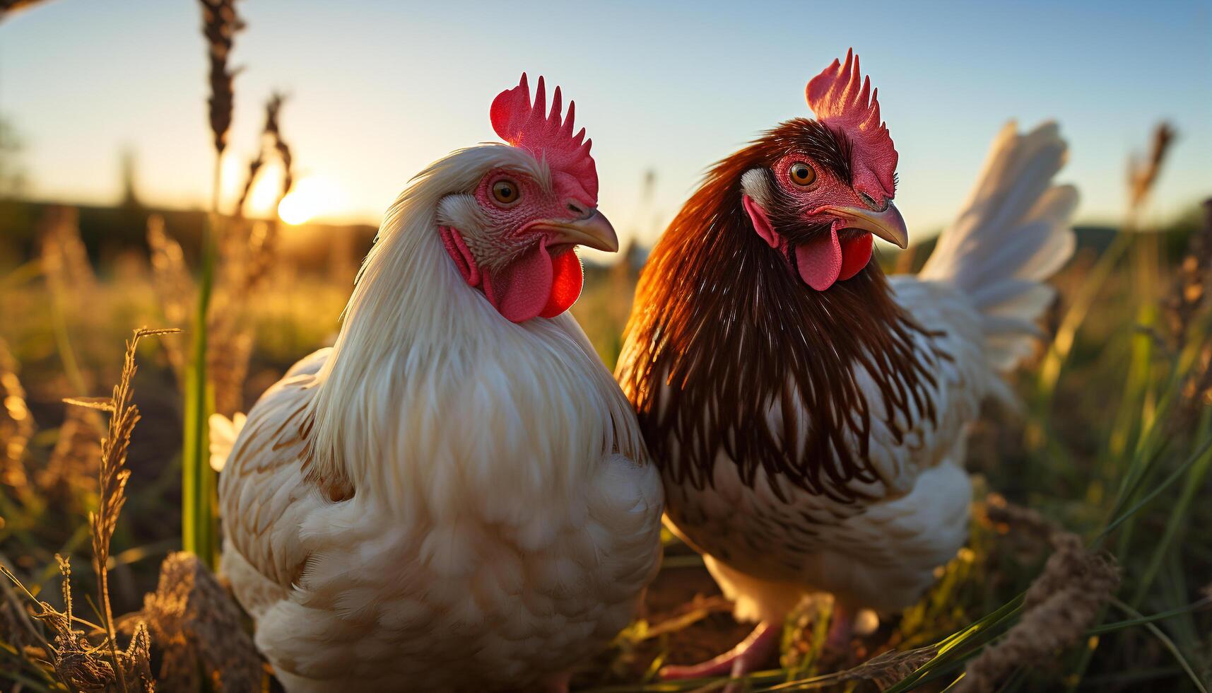 ai gerado rural cena galinhas pastando, de pé, bonitinho, olhando, vitalidade dentro natureza gerado de ai foto