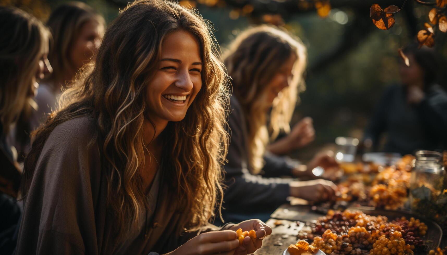 ai gerado jovem adultos desfrutando uma despreocupado piquenique, rindo e vínculo juntos gerado de ai foto