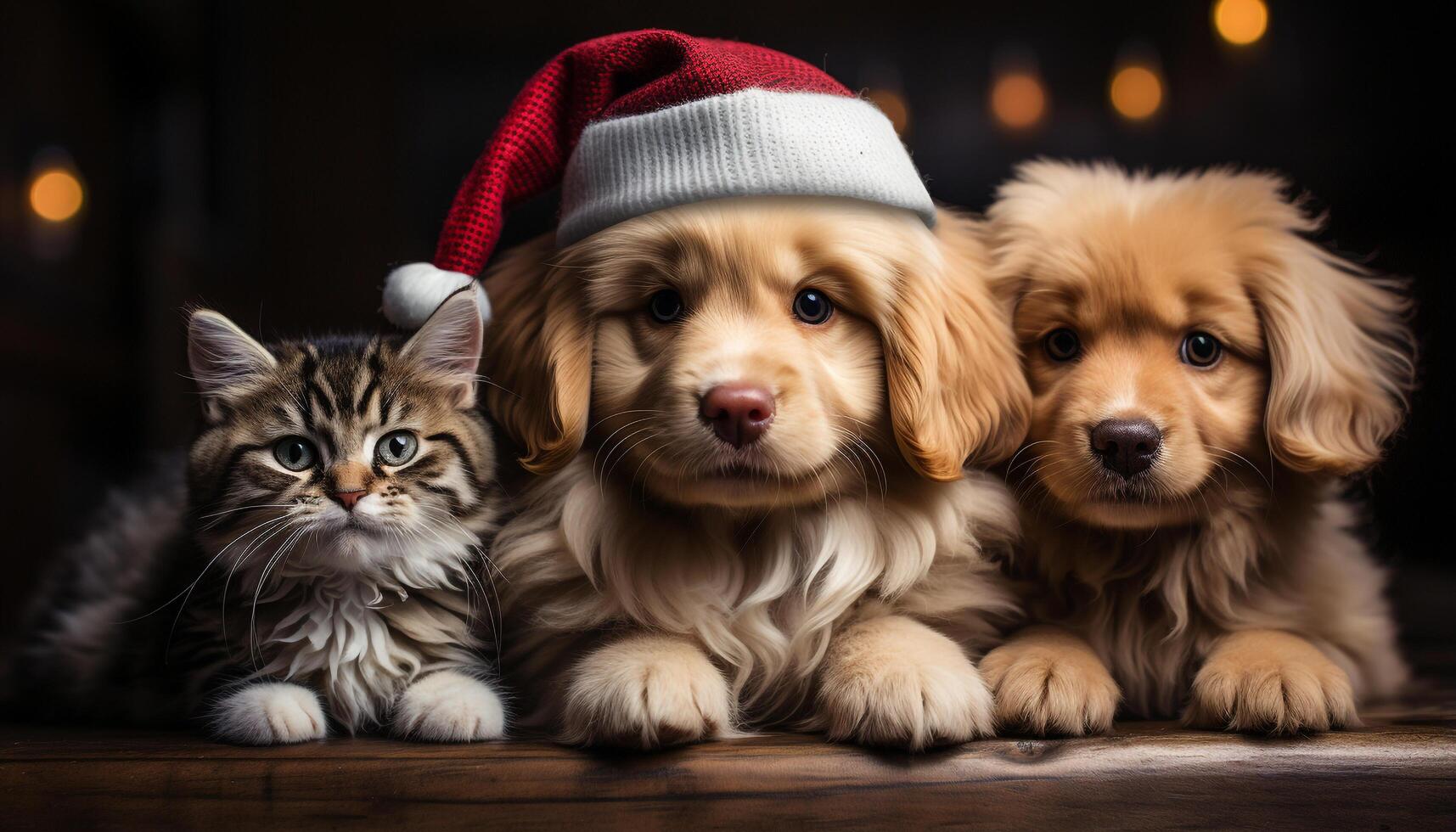 ai gerado fofa cachorro e gatinho sentado junto, a comemorar inverno com presentes gerado de ai foto