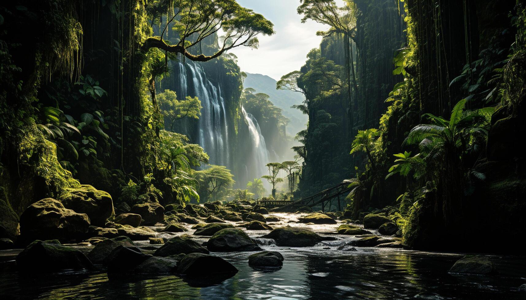 ai gerado tranquilo tropical floresta tropical, fluindo água, refletindo natural beleza e mistério gerado de ai foto