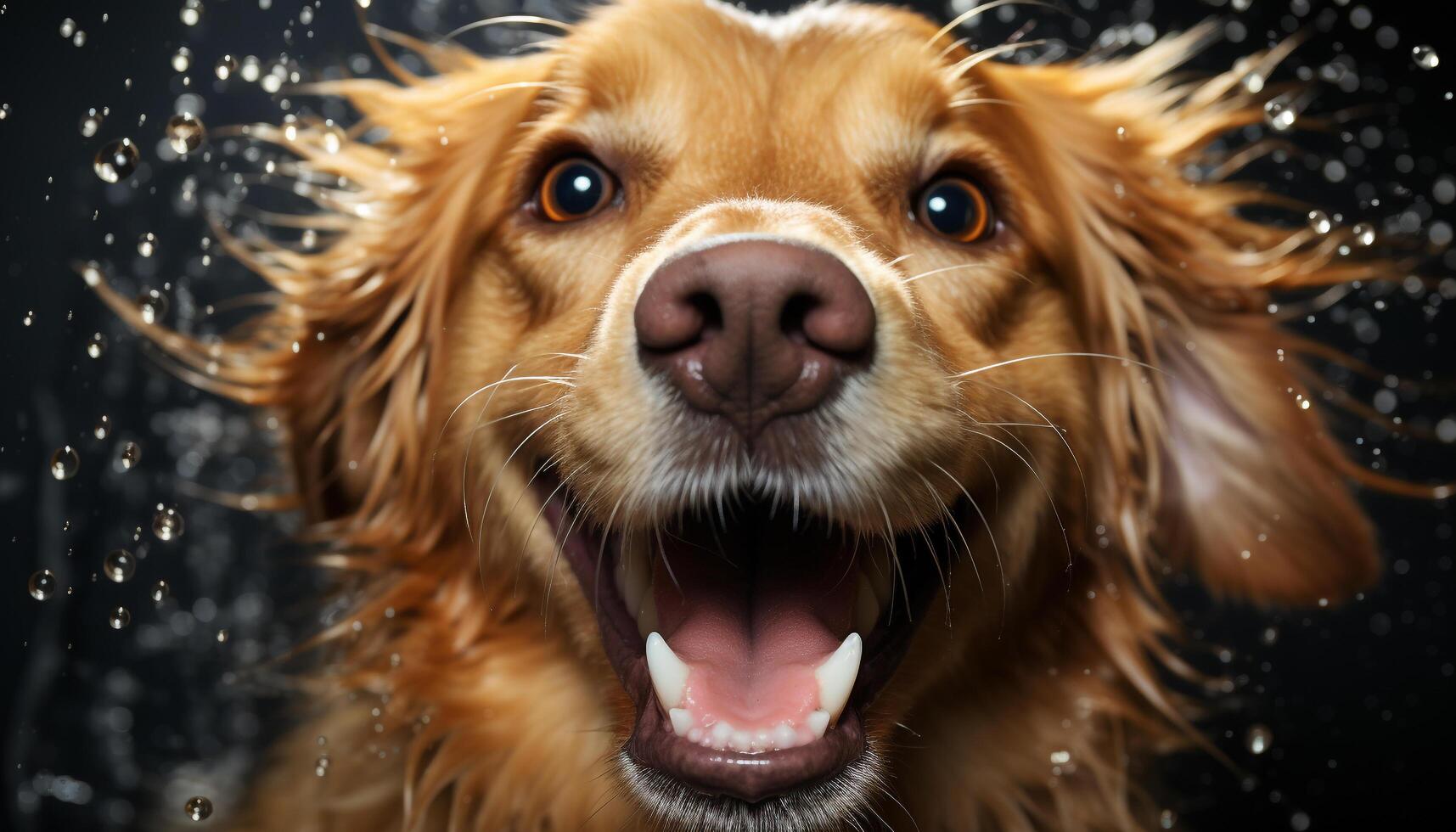 ai gerado fofa cachorro sentado ao ar livre, molhado pelagem, olhando às Câmera gerado de ai foto