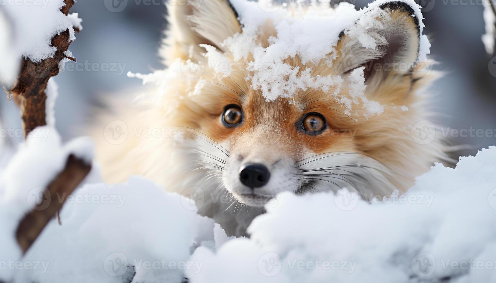 ai gerado fofa cachorro jogando dentro a neve, olhando às a Câmera gerado de ai foto